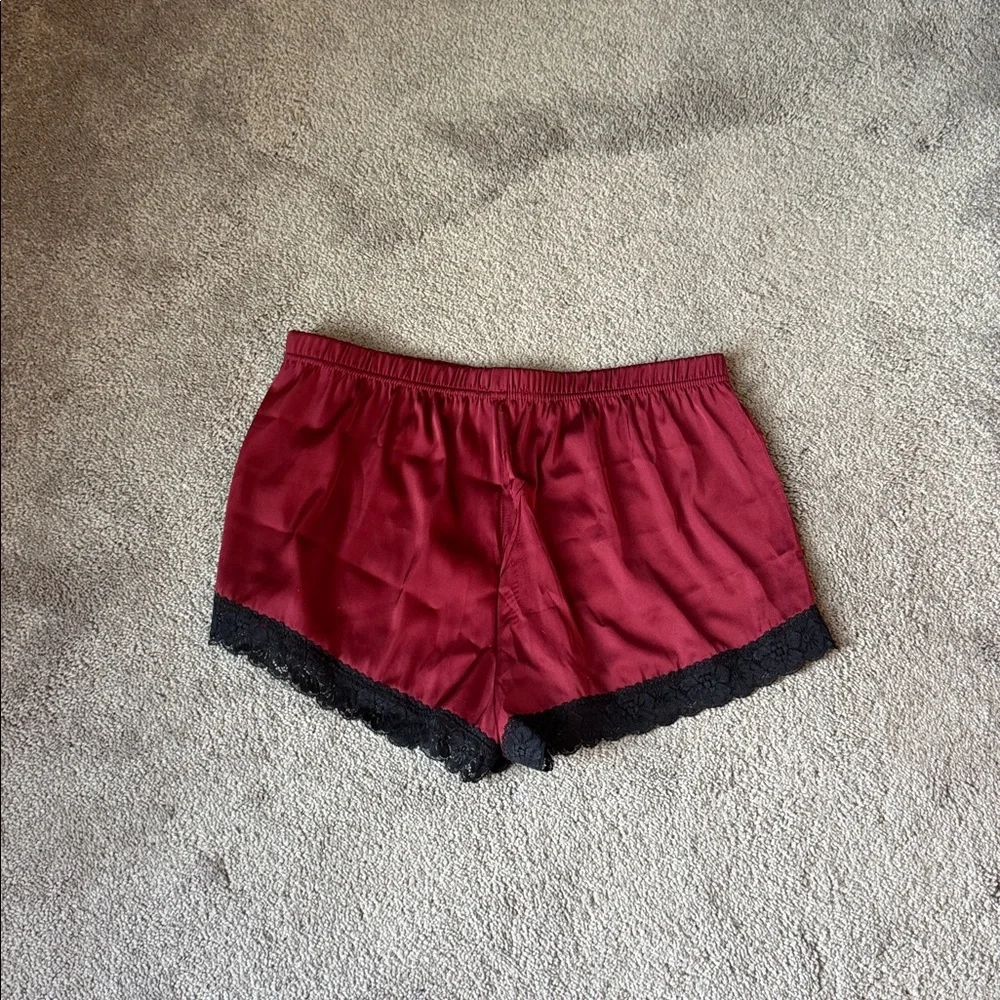 Ekouaer Maroon Satin Black Lace Trim Cami Shorts Pajama Sleep Set SIZE M